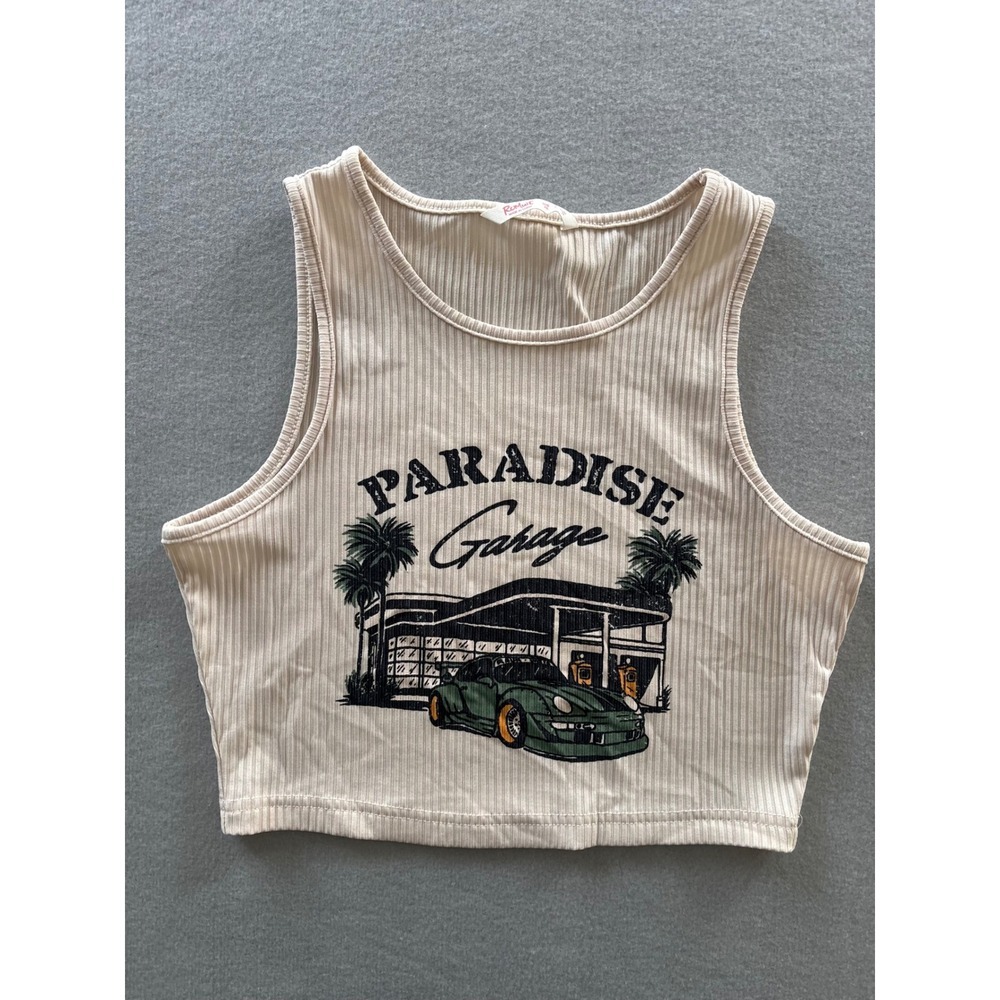 Romwe Tank Top XS Beige Paradise Garage Car Graphic Ribbed Crop Top